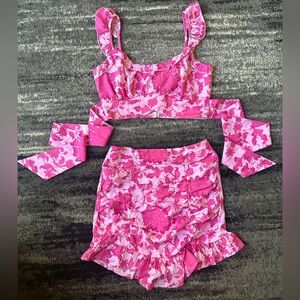 Hot Pink Floral 2-Piece Skirt Set w/ Ruffled Hem/Straps & Crop Top w/ Ties